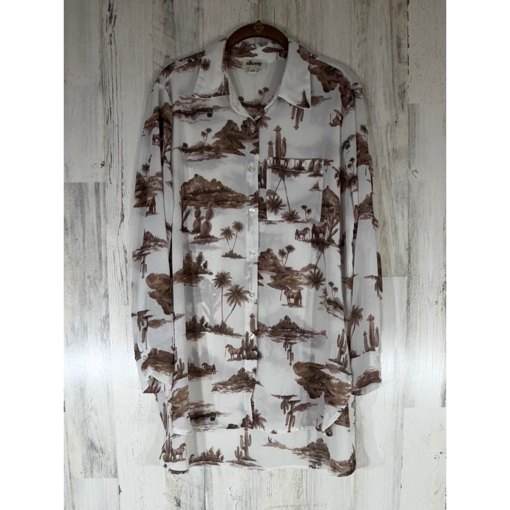 Alkemy Button Down Sheer Blouse XL White Brown Desert Landscape Western Toile